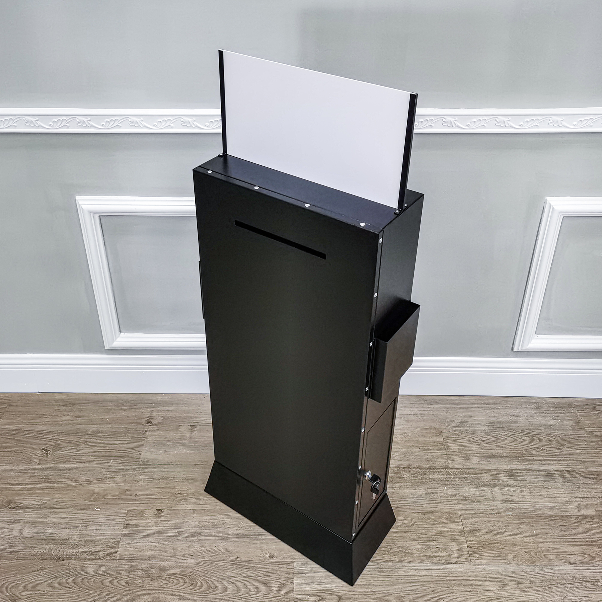 Metal Ballot Box w/Side Pockets, Lockable, 17 x 8.7 Header, Floorstanding